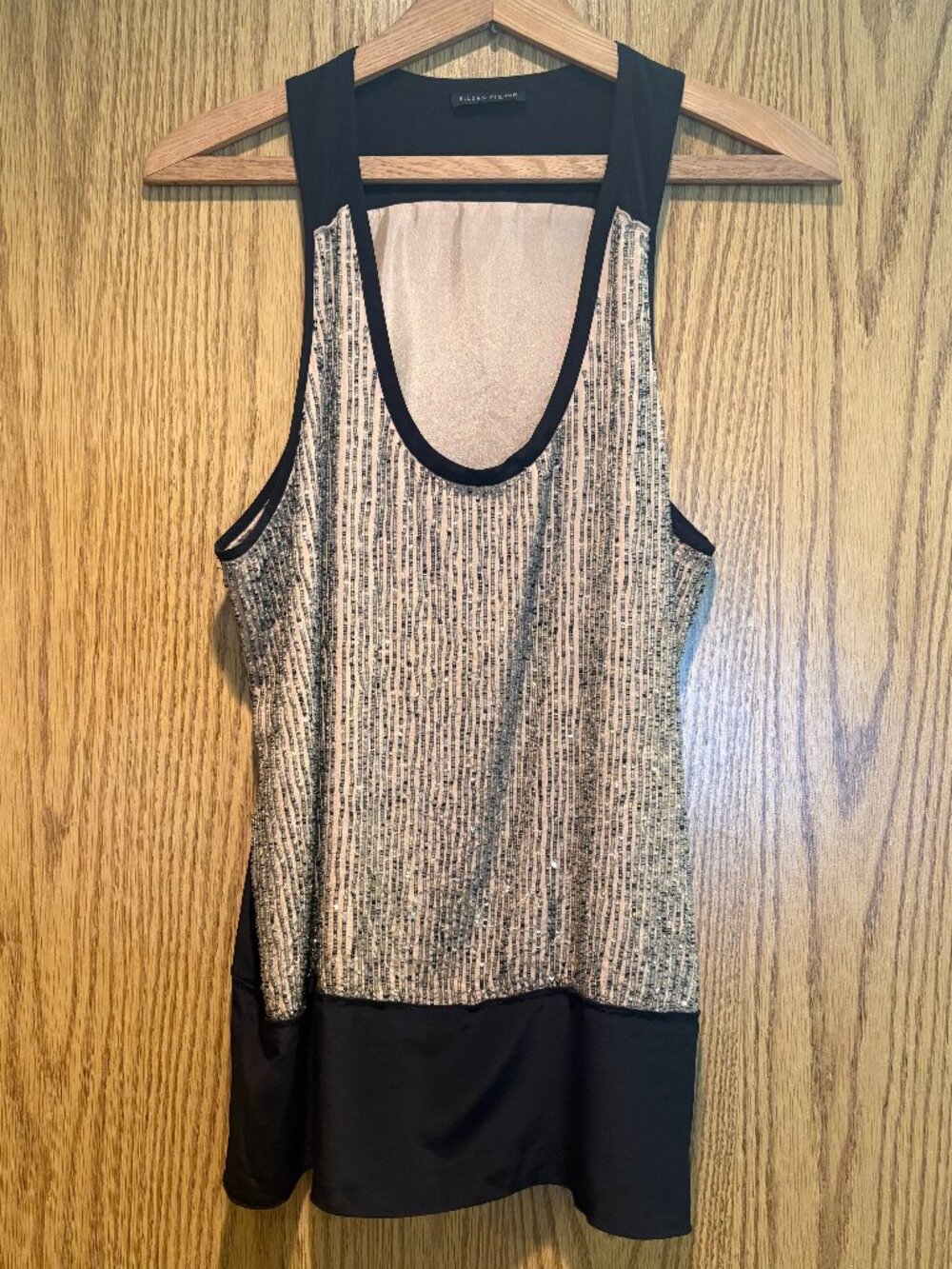 Eileen Fisher 100% Silk Beaded Sequin Shell Tank Top Black Gold Size L